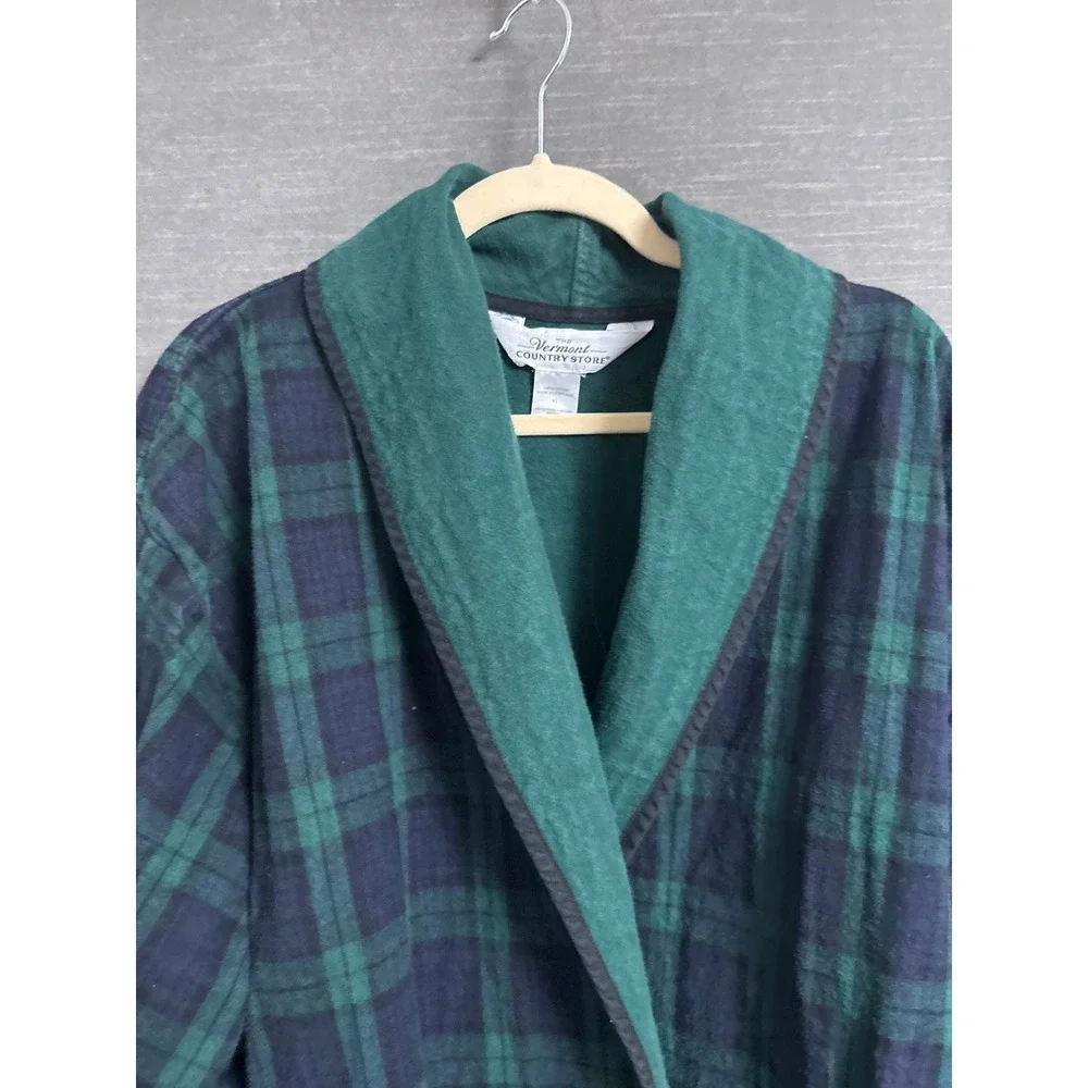 The Vermont Country Store Robe XL Green Blue Plaid Cotton Flannel Belted HEAVY